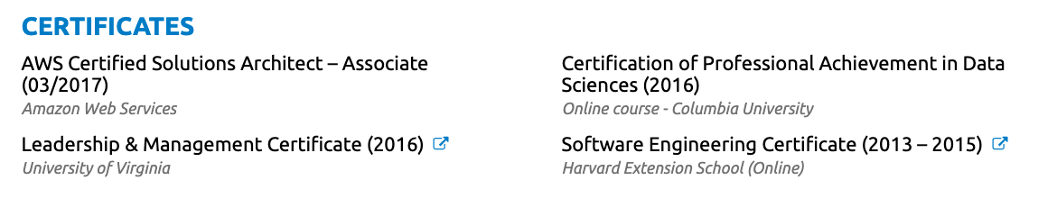 certificates on a resume