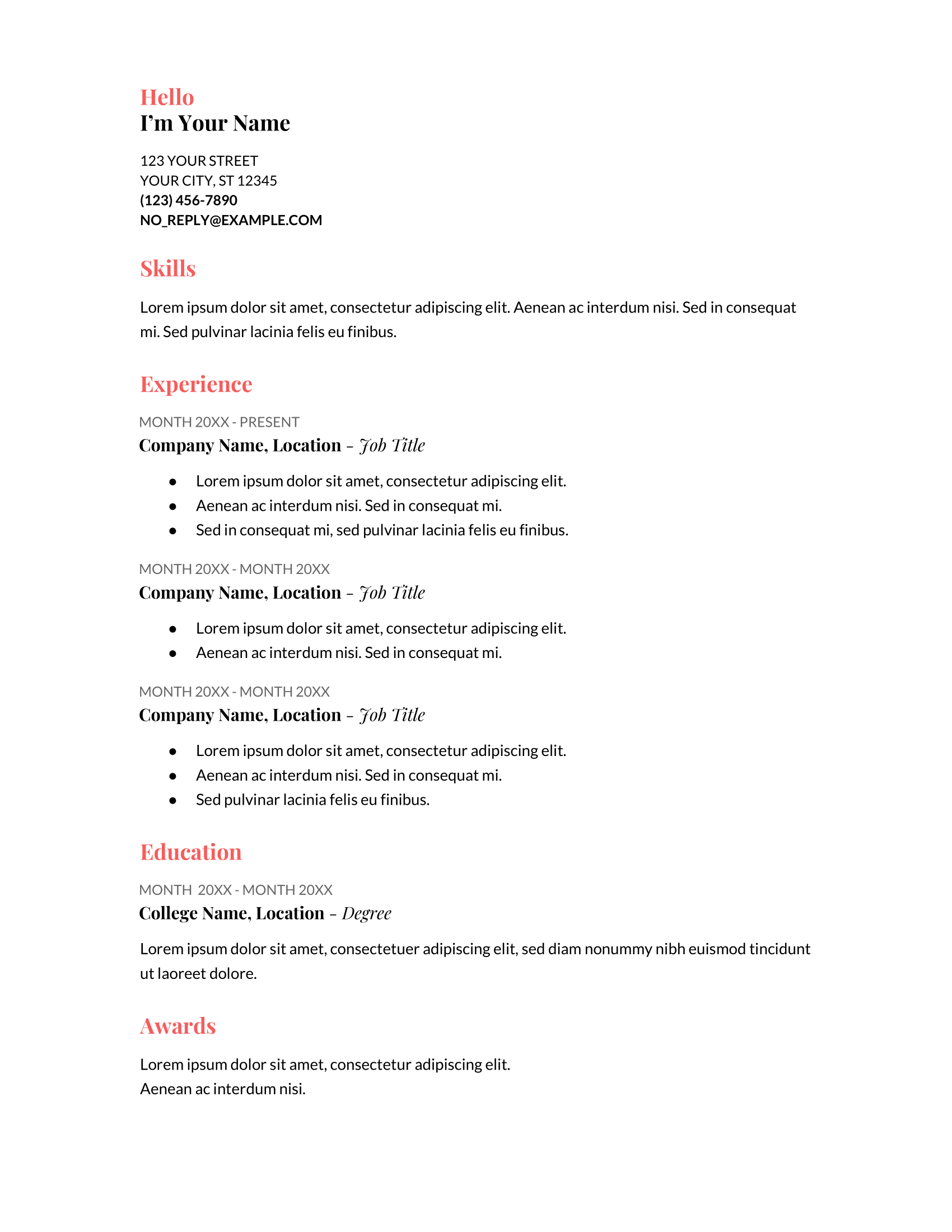 Coral Google Docs Resume Template