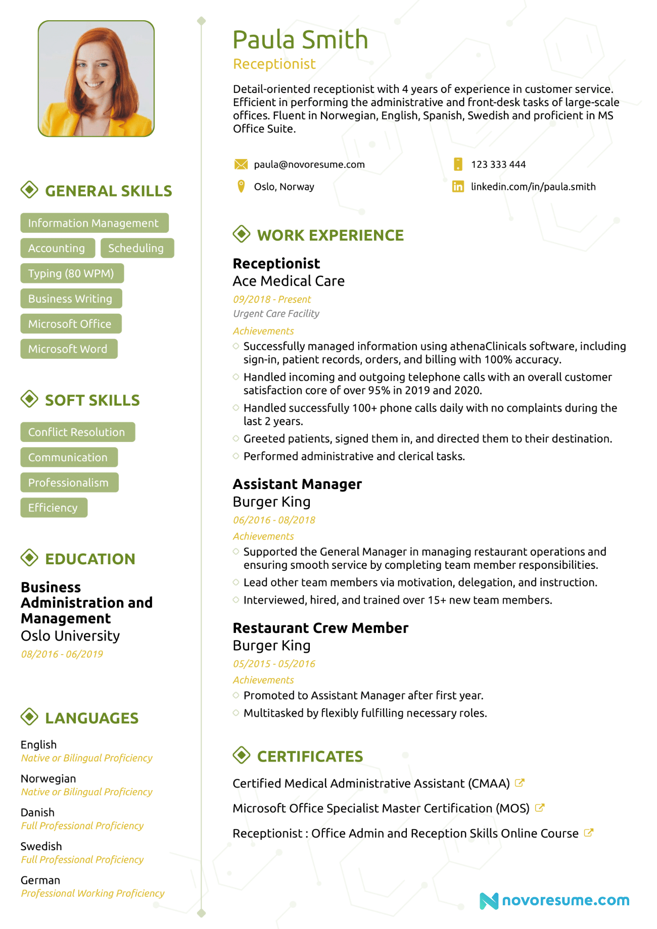 Receptionist CV Example