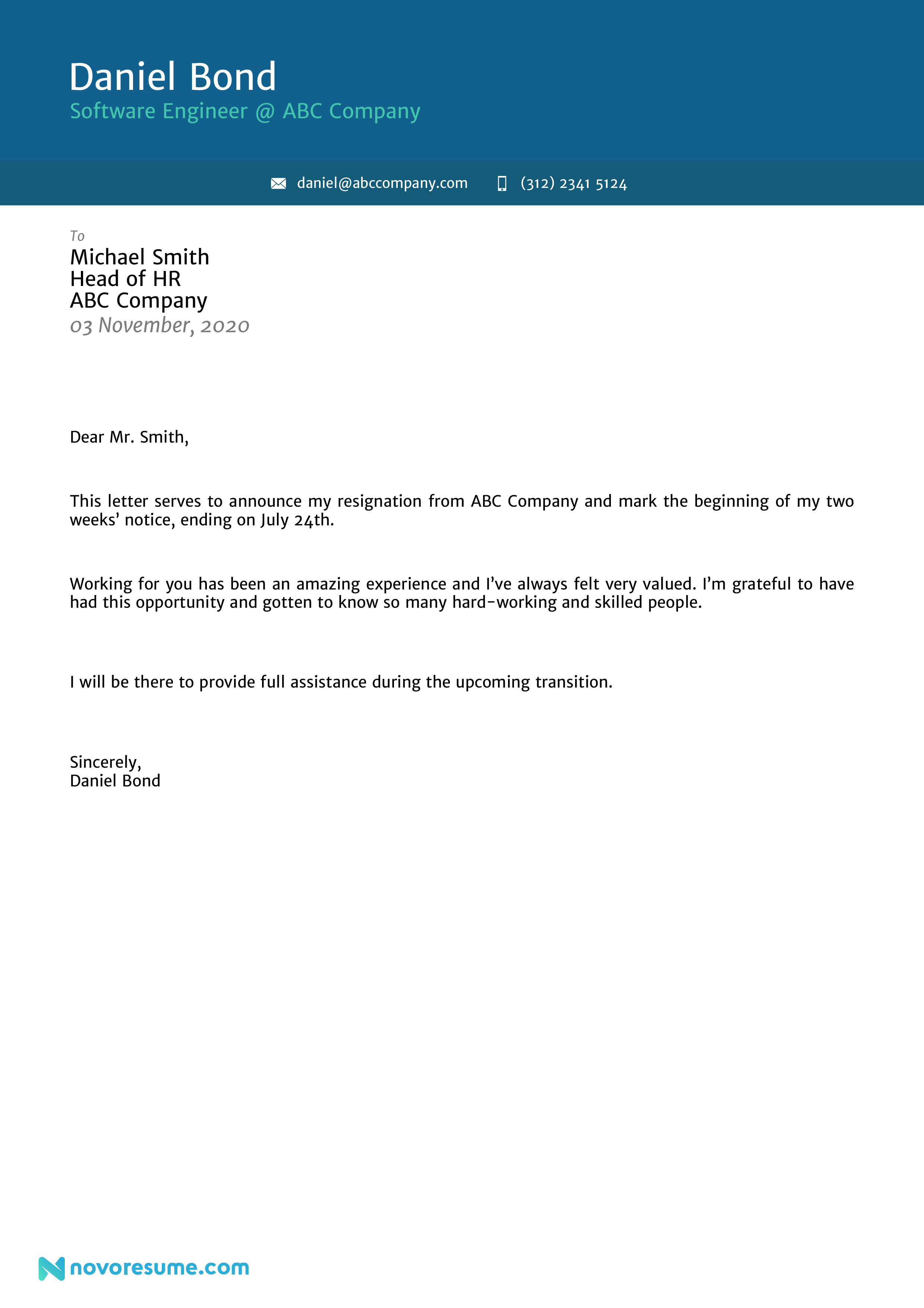 Resignation Letter Sample for a Mid Level Professional