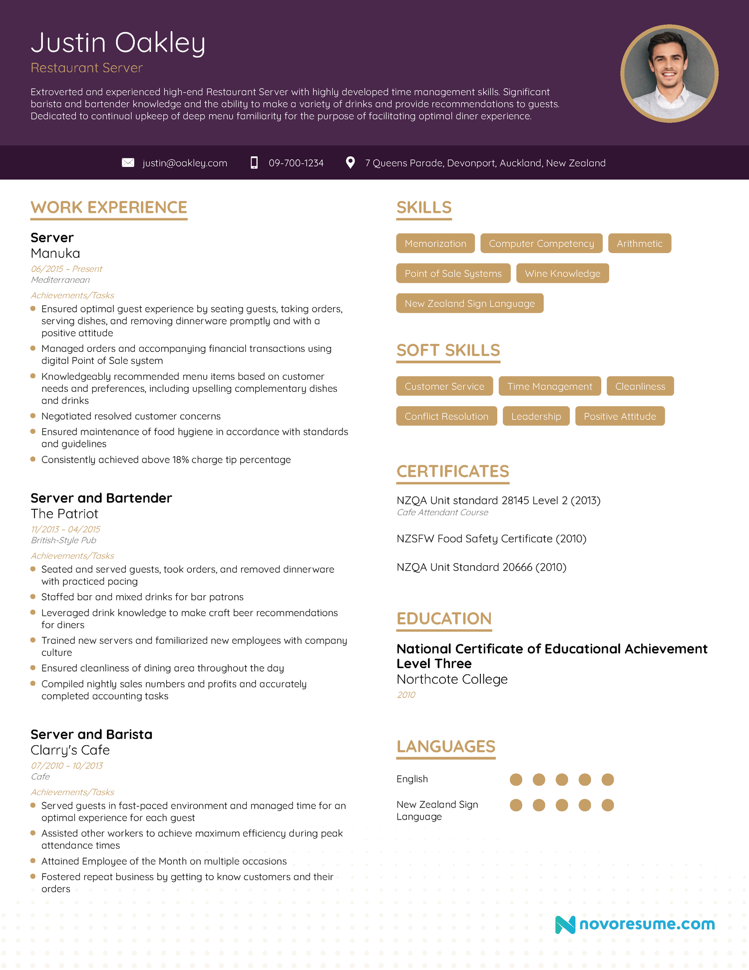 Server Resume Example